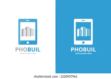 Vector skyscraper and phone logo combination. House and mobile symbol or icon. Unique real estate and device logotype design template.