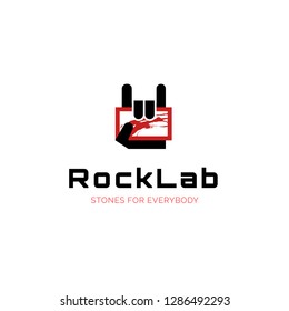 Vector slab company  logo with marble texture stone and rock hand, interior design store symbol template, red and black elegant brand sign