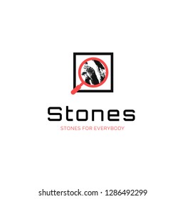 Vector slab company  logo with marble texture and magnifier, rock store symbol design template, red and black elegant brand sign