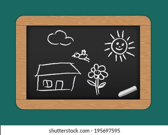 vector Slate. Chalkboard with wooden frame. Drawing. Back to school