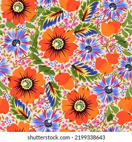 Vector slavic floral seamless pattern with poppies and cornflowers, on light background.