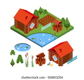 Vector slavic historical house, ancient traditional building, izba. Country private farming home isometric illustration and set of design elements. 