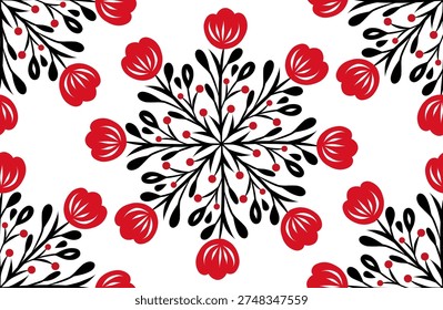 Vector Slavic seamless pattern with tracery floral mandala. Monochrome folk art texture with flower ornaments for fabric and wrapping paper