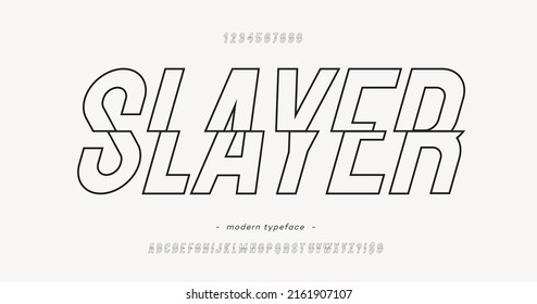 Vector slayer font slanted outline style modern typography for decoration, industrial, logo, poster, t shirt, book, card, sale banner, printing on fabric. Cool 3d typeface. Trendy alphabet. 10 eps