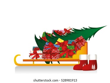 Vector. Sled full of gifts and Christmas tree and boots. Winter Christmas and New Year holidays. Boxes of different sizes and colors. Isolated on white background