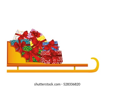 Vector. Sled full of gifts. Winter Christmas and New Year holidays. Boxes of different sizes and colors. Isolated on white background