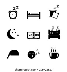 Vector Sleep Concept Icons Set: Bed, Moon, Clock, Pillow, Zzz, Cup Of Coffee Or Tea Isolated On White