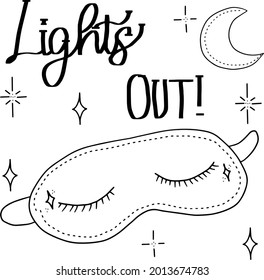 vector sleep mask with closed eyes with eyelashes. Good night with month and stars isolated hand illustration