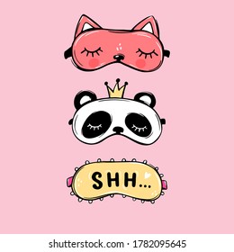 Vector Sleep masks collection. Blindfold classic and animal shaped Panda with crown, red cat. Cute eyemasks on a pink background. Hand drawn, cartoon illustration