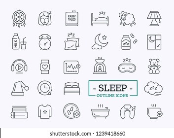 Vector sleep thin line icons design with sign of alarm clock, sleeping pills, pillow, pajamas, dream catcher, bed, biorhythms, night, sleep mask. Outline Symbols of sleeping for Website, dashboard. 