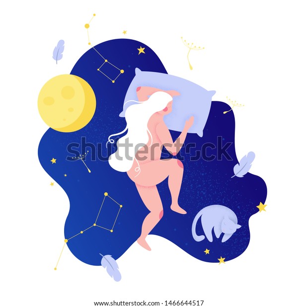 猫と一緒に眠るベクター画像ボディポジティブな女の子 夜空に星座と星に囲まれた眠る裸の女の子を描いた漫画のカラフルなイラスト 甘い夢に関するトレンドリーな考え方 のベクター画像素材 ロイヤリティフリー
