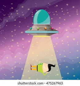 vector sleeping businessman abducted by UFO. vector funny cartoon ufo stealing man.