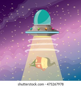 vector sleeping businessman abducted by UFO. vector funny cartoon ufo stealing man.