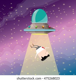 vector sleeping businessman abducted by UFO. vector funny cartoon ufo stealing man.