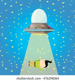 vector sleeping businessman abducted by UFO. vector funny cartoon ufo stealing man.