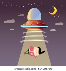 vector sleeping businessman abducted by UFO. vector funny cartoon ufo stealing man.