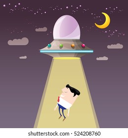 vector sleeping businessman abducted by UFO. vector funny cartoon ufo stealing man.