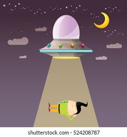 vector sleeping businessman abducted by UFO. vector funny cartoon ufo stealing man.