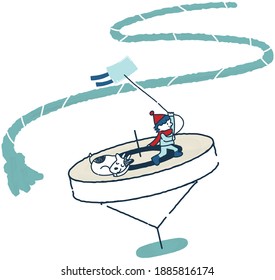 
Vector of a sleeping cow with a child flying a kite on a top on New Year's Day