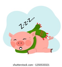 Vector sleeping cut pig with a green scarf isolated on white background cartoon illustration