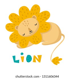 Vector sleeping cute kawaii cartoon funny lion.