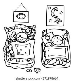 Vector sleeping cute kids, black silhouettes.