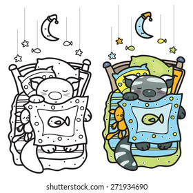 Vector sleeping cute kitten, colored and black silhouette, isolated.