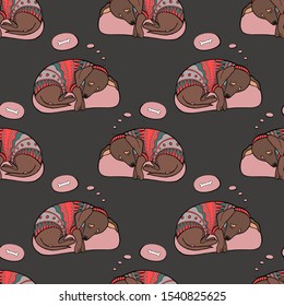 Vector sleeping dachshund dog seamless pattern. Dachshund dog in sweater. Print for fabric, wrapping paper or wallpaper. Celebration vintage pattern. Vector dogs pattern.