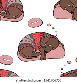 Vector sleeping dachshund dog seamless pattern. Dachshund dog in sweater. Print for fabric, wrapping paper or wallpaper. Celebration vintage pattern. Vector dogs pattern.