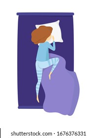 Vector sleeping girl in blue pajamas lies on the bed. Illustration isolated on white background.