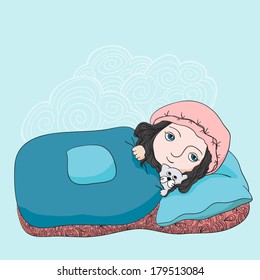 Vector sleeping girl with cat