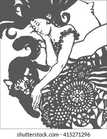 vector sleeping girl with cat, hand drawn, decorative