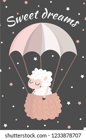 Vector sleeping lamb flying in a balloon. can be used as a poster in the children's room
