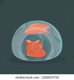 Vector sleeping little fox in a burrow covered by two autumn leaves. Napping fox hiding itself in a hole under two big leaves with berries. Dreaming fox cube lying in a mink at night in autumn.