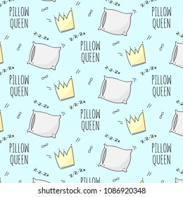 Vector sleeping pattern. Cozy home decoration. Typographic surface texture. Fashion magazine cover with pillow, crown and Pillow Queen lettering.  Cute nap time children cartoon decor