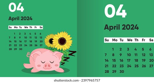 Vector sleeping pig lying next to sunflowers. Calendar for April 2024 with a sleepy pig, a funny cartoon character.