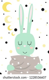 Vector sleeping turquoise hare hugs a pillow. Can be used as a poster in a children's room, print or postcard.