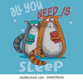vector sleepy cats drawing and comic sketch 
