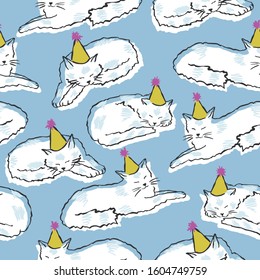 Vector sleepy cats with party hats seamless pattern. Cute and funny hand drawn design for wrapping paper, wallpaper and fabric.