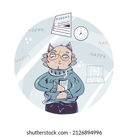 Vector sleepy drowsy owl with orange glasses holding a cup of coffee wishing to cheer itself up in the morning and starting a new working week. Background includes clock, wall calendar and laptop.
