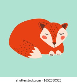 Vector sleepy fox. Cute hand drawn cartoon animal. Flat element for you design, perfect for card, sticker, poster, packaging, t short print or baby cloth.