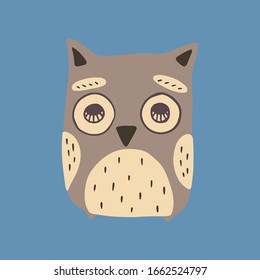 Vector sleepy owl. Cute hand drawn cartoon animal. Flat element for you design, perfect for card, sticker, poster, packaging, t short print or baby cloth.
