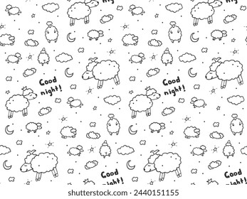 Vector sleepy seamless pattern with sheep. Doodle style. Good night.