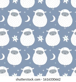 Vector sleepy sheep pattern design. Seamless bedtime repeat with stars and moons ideal for babies and children.