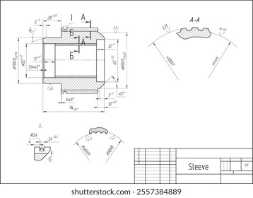 Vector sleeve. Engineering mechanical assembly drawing of steel device
with hole, thread, dimension lines and cross section. Industrial technic 
cad scheme on white paper sheet. 
Machine part.