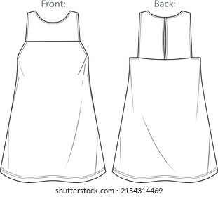 Vector estilo vestido sin mangas estilo CAD, mujer mini vestido de cuello de cuero dibujo técnico con espalda abierta, plantilla, plano, boceto, burla.  Ropa de tela Jersey o trenzada con vista frontal, trasera, color blanco