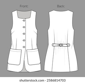 Vector sleeveless jacket with buttons and pockets fashion CAD, tailored woman long vest technical drawing, template, flat, sketch. Linen, tweet woven fabric vest with front, back view, white color