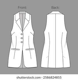 Vector sleeveless jacket with buttons and welt pockets fashion CAD, tailored woman long vest technical drawing, template, flat, sketch. Linen or woven fabric vest with front, back view, white color