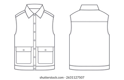 Vector Sleeveless Jacket Flat Sketch for Fashion designer and Fashion Illustration