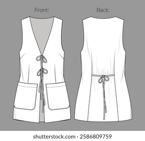 Vector sleeveless jacket with front ties and pockets fashion CAD, tailored woman long vest technical drawing, template, flat, sketch. Linen or jean woven fabric vest with front, back view, white color